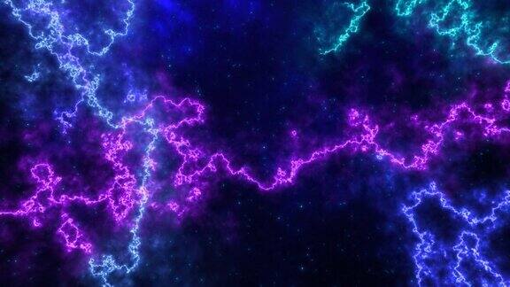 抽象的未来主义背景与蓝色和紫色多色能量魔法线和波的宇宙模式