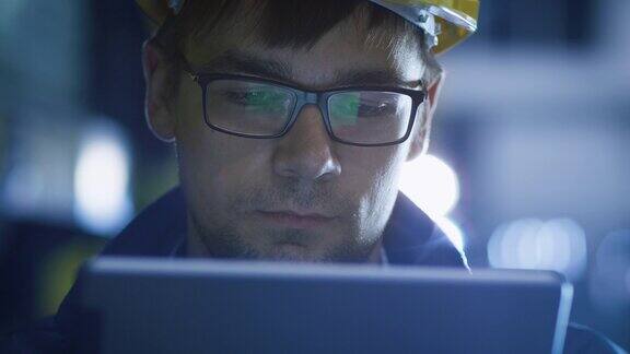 眼镜和安全帽技师在工业环境中使用平板电脑屏幕眼镜的反光