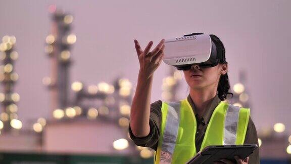 女工程师晚上在石油工厂戴着虚拟现实耳机