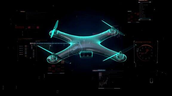 旋转无人机四旋翼机未来的用户界面虚拟图形蓝色的x射线图像
