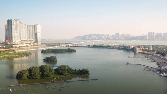 中国晨光澳门著名城市海湾大桥屋顶全景4k时间推移