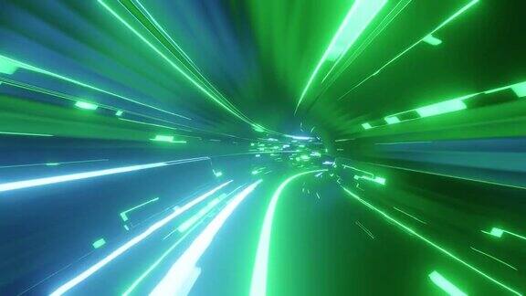 带有霓虹灯的4k环形抽象高科技隧道摄像机穿越隧道蓝绿霓虹灯闪烁科幻背景的赛博朋克风格或高科技未来背景3