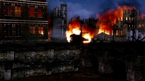 夜晚城市废墟燃烧的城市战场场景