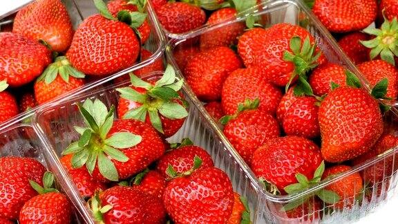新鲜的草莓近距离拍摄的成熟的红色草莓在六个塑料盒在食品市场4k