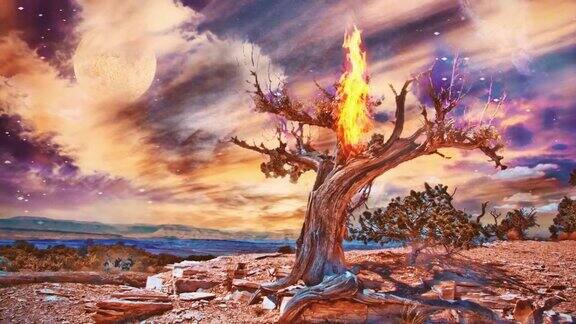 在干旱的岩石土地上燃烧着老树