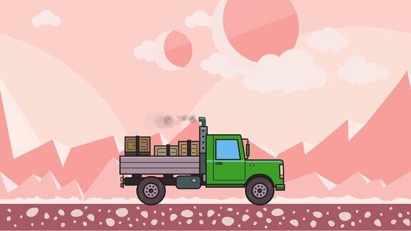 装有箱子的绿色动画卡车穿过外星沙漠移动重型汽车在粉红色的山区沙漠背景平面动画