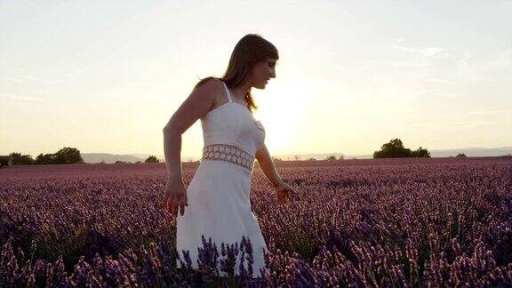慢镜头:法国一个年轻女子在夏日日落中玩弄着美丽的紫色薰衣草花