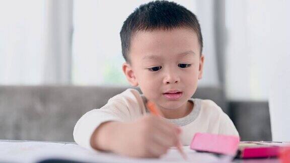 亚洲男孩做家庭作业教育-孩子在餐桌上学习家庭学校