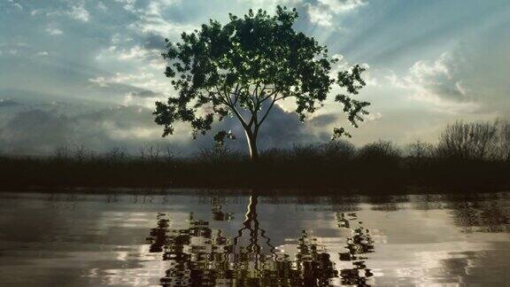 背景与树木生长在日落反映在水