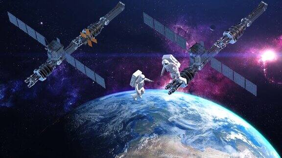 一组宇航员太空行走星系是可见的卫星飞行