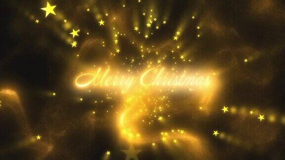 圣诞快乐与金色的颗粒而发光的金色星星飞走在黑色的背景模糊的动态图像