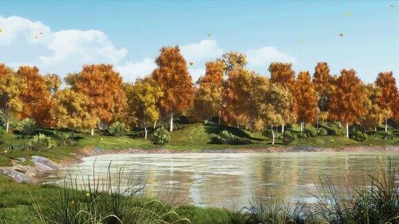 在宁静的秋天宁静的森林湖岸边的全景3D