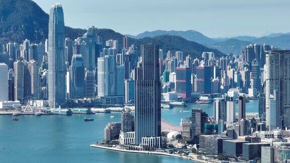 香港中心区的4K远程变焦视图-从天空缓慢的鸟瞰图角度