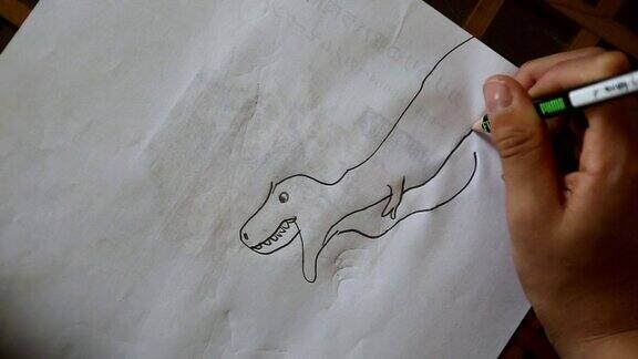 孩子们画恐龙近距离的手高清
