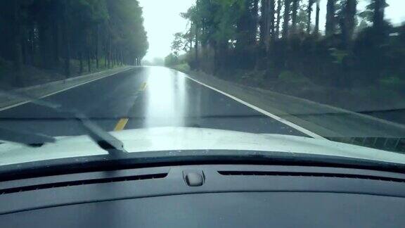 司机在雨中观察森林道路