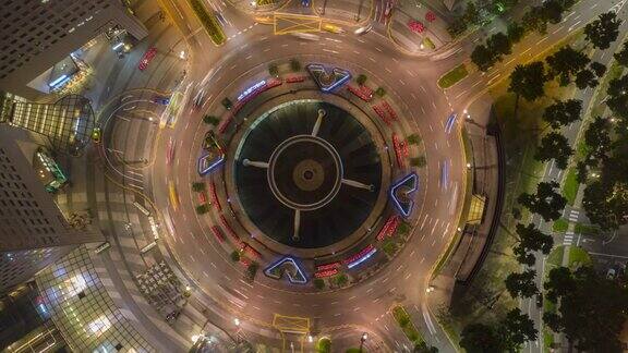 4KHyperlapse交通俯视图飞跃新加坡地标性金融商务区与摩天大楼新加坡新达市的财富喷泉交通圈商业中心