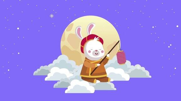 中秋动画兔子和月亮在云中