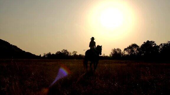 日落时骑马的女孩的剪影