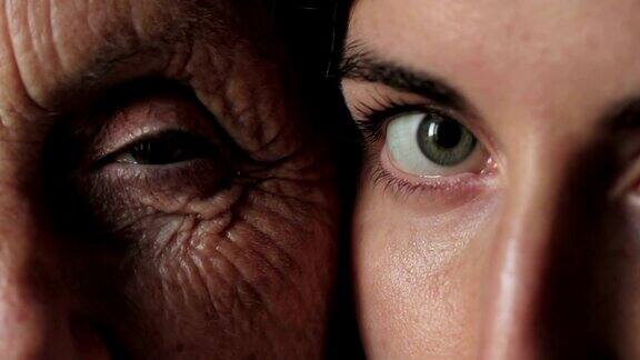 老的和年轻的眼睛-妇女与祖母和女儿的肖像-睁开眼睛