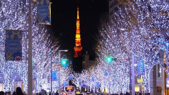 在六本木的Keyakizaka可以看到东京塔的圣诞灯和人