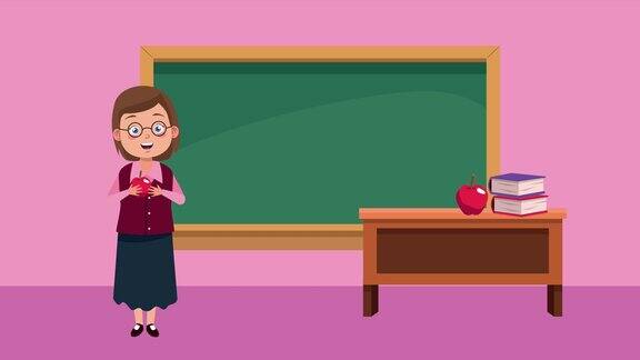 女教师角色动画与黑板和课桌教室场景