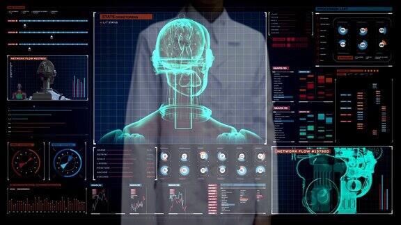 女医生触摸数字屏幕旋转扫描机器人身体在数字界面显示人工智能