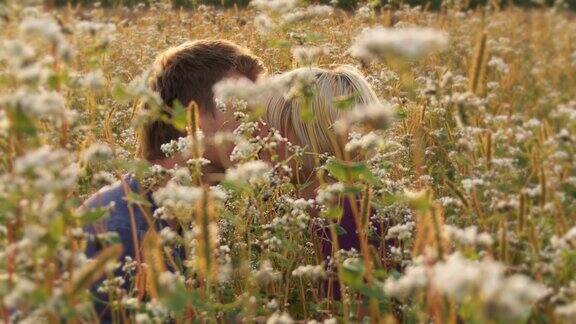 在草地上接吻的情侣