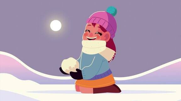 女孩穿着冬衣在雪景中玩雪球