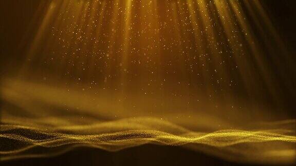 暗黄色黄金粒子形成抽象动画背景与下降和闪烁的光束射线粒子