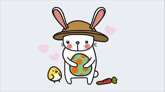 小白兔抱着复活节彩蛋和小鸡朋友卡通