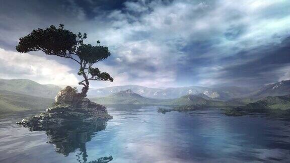 山景观与一个湖在灰蓝色调