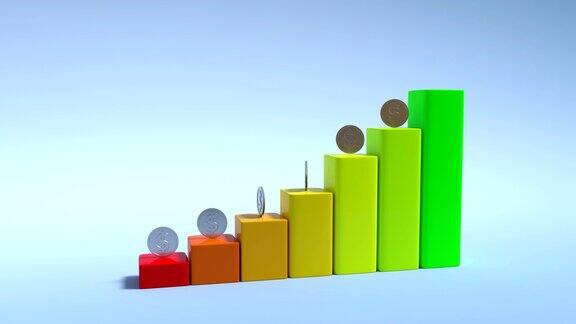 3D彩色经济图形条是上升与硬币-4K