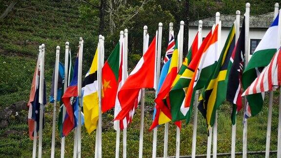 许多各种各样鲜艳的世界各国国旗迎风飘扬在旗杆上特写慢动作