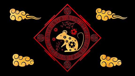 黑色中国新年背景与黄金老鼠3D渲染循环4k魔幻新年快乐动画