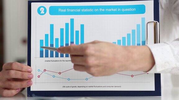 女商人展示真实的金融统计数据市场问题图表特写