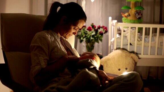 年轻美丽的母亲在昏暗的灯光下给她的新生儿喂奶妈妈母乳喂养婴儿