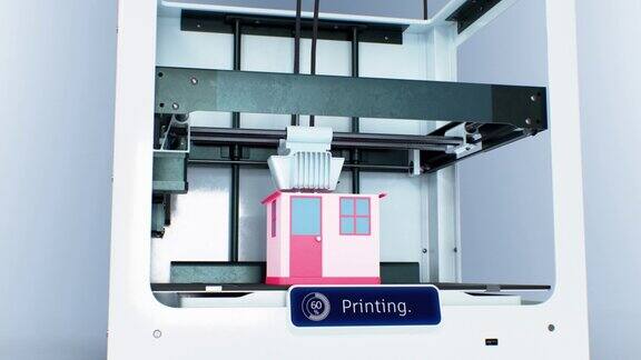 3d打印机机器建造房屋过程玩具屋印刷插图现代自动制作技术美丽的三维动画延时工业企业
