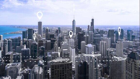 4k分辨率网络连接概念与引脚图标城市景观