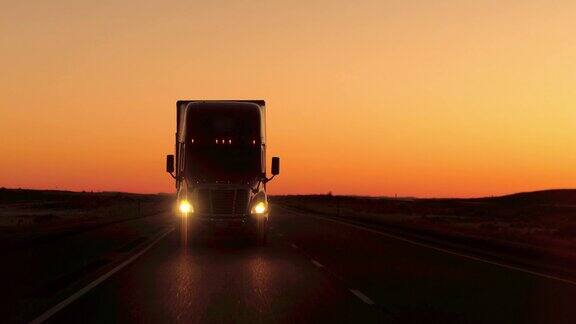夕阳下行驶的卡车