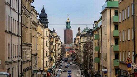 斯德哥尔摩城市时间流逝在斯德哥尔摩市政厅钟楼瑞典斯德哥尔摩4K时间流逝