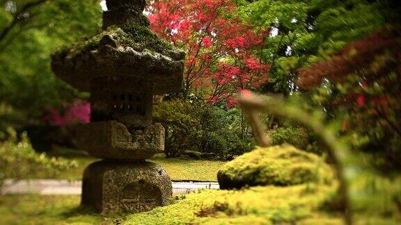在禅宗花园中抽象的粉红色树与雕塑