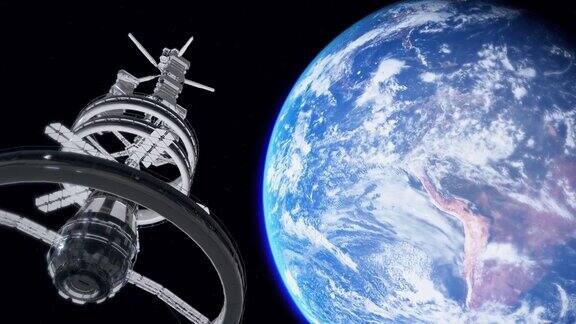 卫星空间站在地球轨道上的行星动画3d