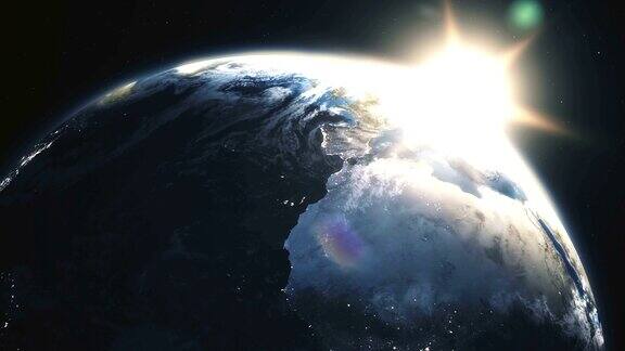 高度详细的现实史诗日出行星地球3D动画