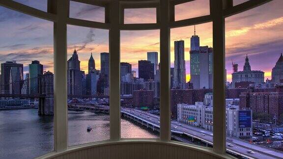 黄昏纽约城市景观时间流逝窗口全景城市景观曼哈顿