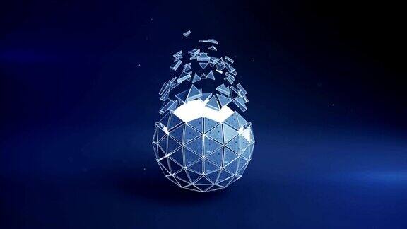 蓝色二十面体球形和飞行多边形可循环的3D渲染动画
