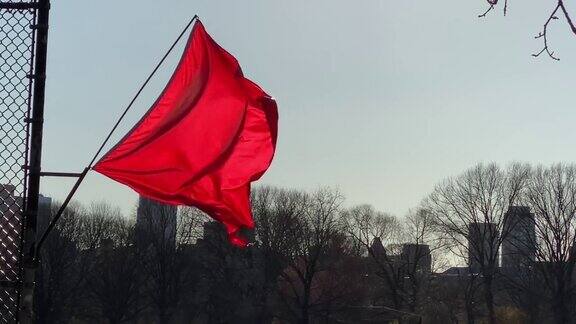 中央公园秋天的一天红旗在风中飘扬