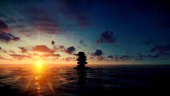 水上的卵石映衬着时光流逝的美丽日出