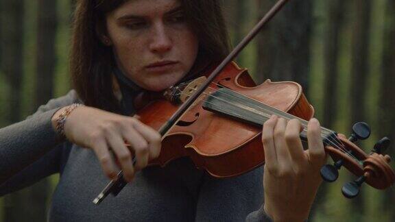 天才音乐家在森林里拉小提琴