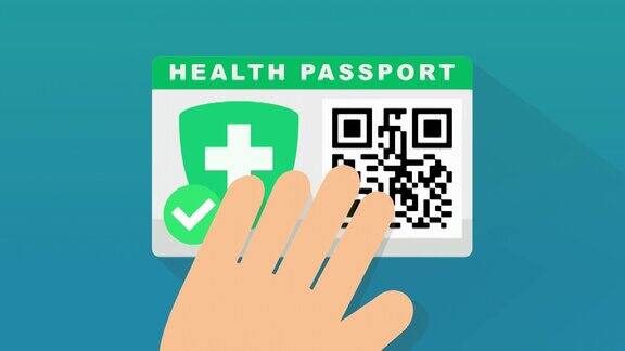 一只手拿出他的健康护照蓝色背景(平面设计)