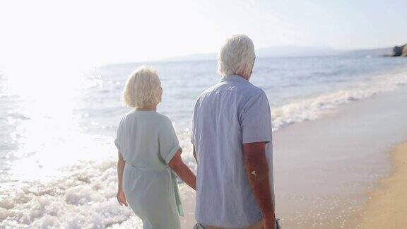 一对老年夫妇在海边散步